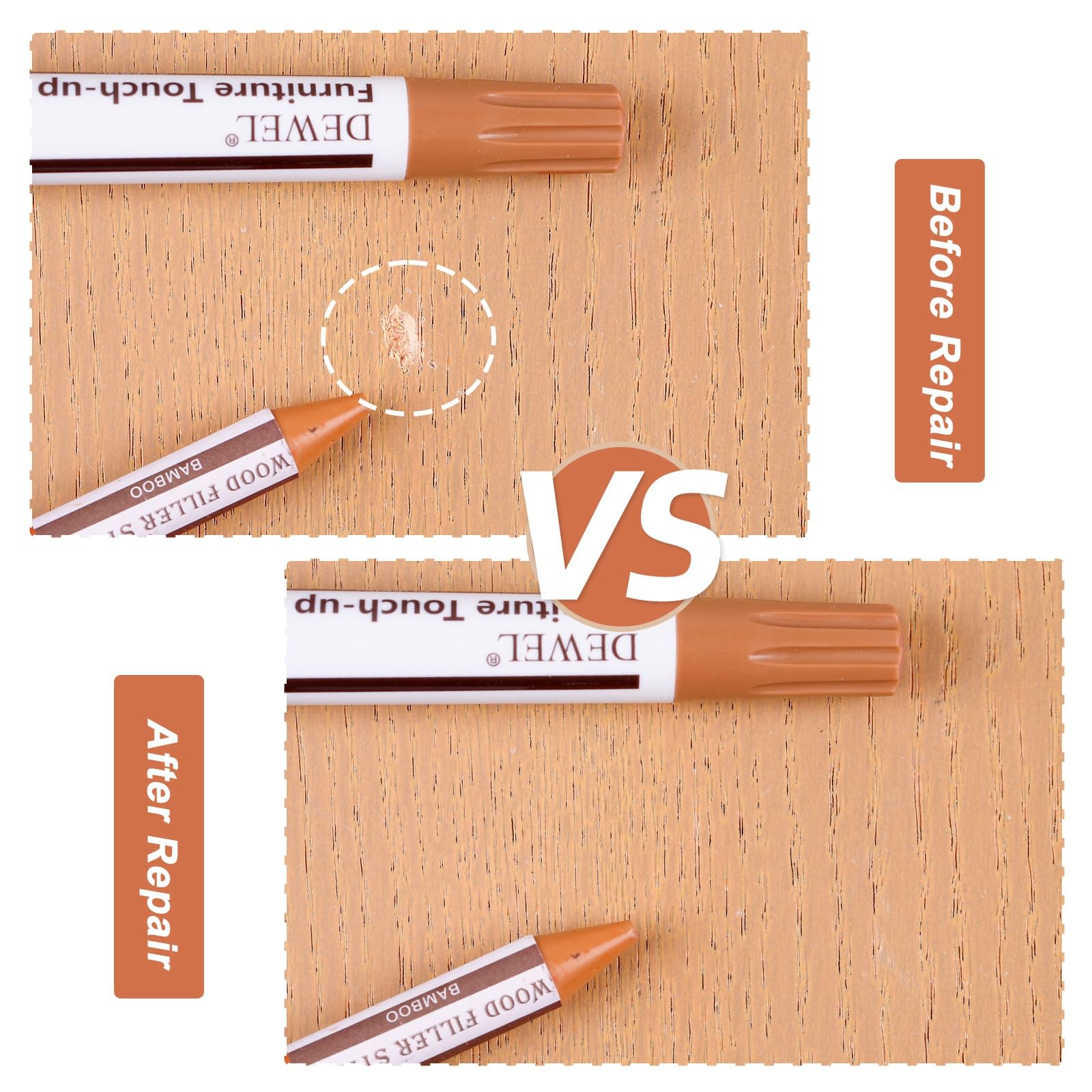 DEWEL 42PCS Wood Furniture Repair Kit – Upgrade Wood Filler, Touch Up Markers & Wax Sticks for Scratches, Cracks & Holes