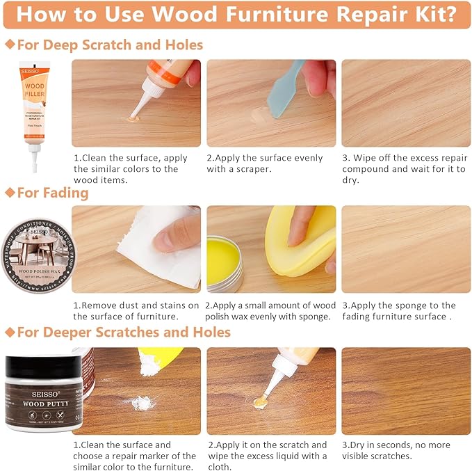 SEISSO Wood Repair Kit – 16 PCS Peach Wood Fillers & Putty Set