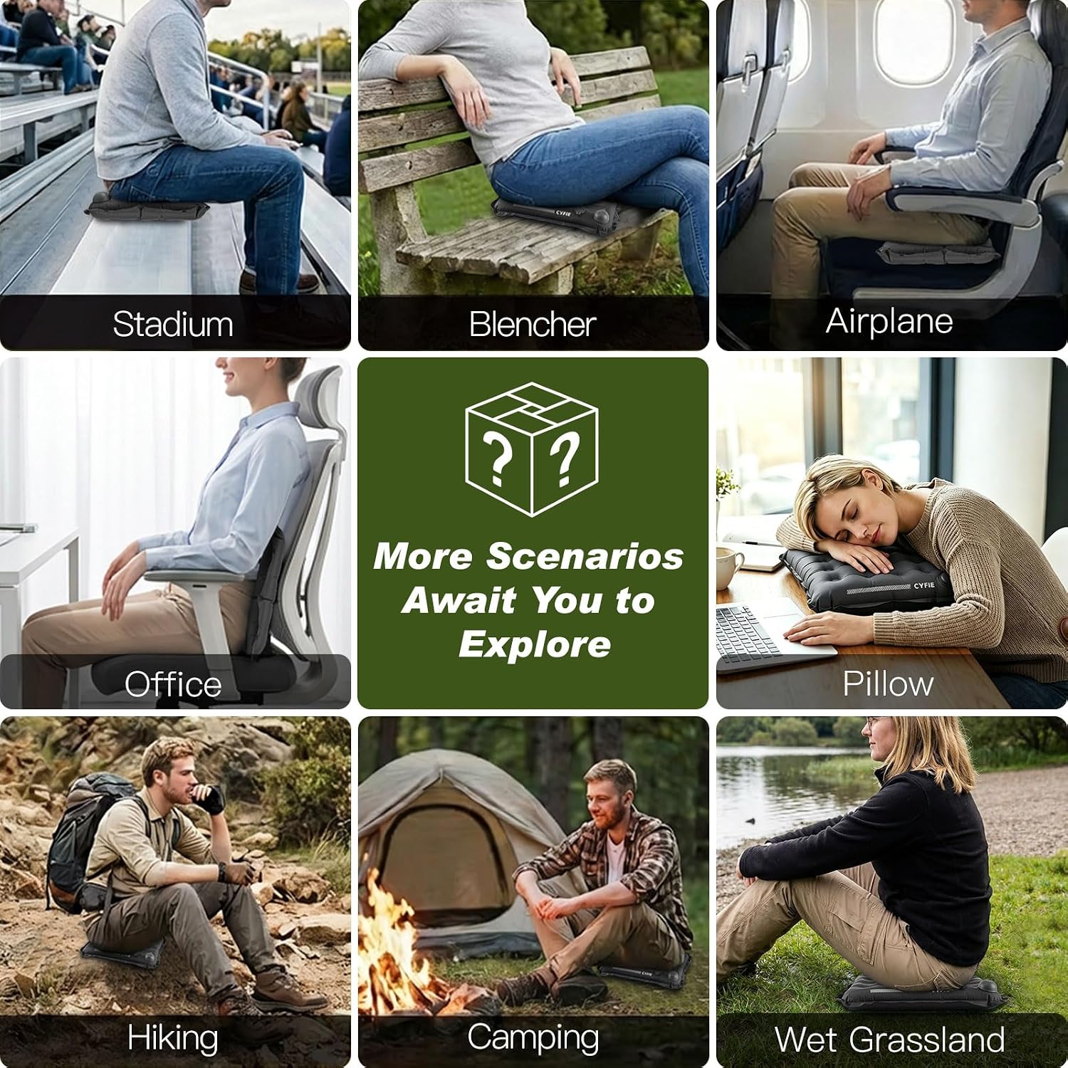 Cyfie Inflatable Seat Cushion for Travel, Portable Stadium Seat | 2.8" thick inflatable cushion, lightweight, water-resistant, ideal as an airplane seat cushion, camping pad and outdoor seat