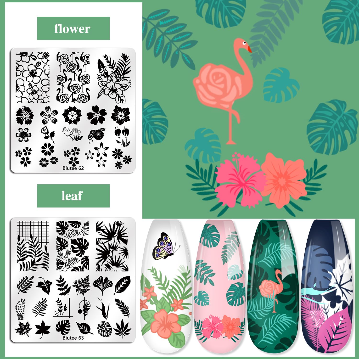 Biutee Nail Stamping Kit – 15PCS Plates, 8PCS Gel Polishes, Stamper & Scraper with Bag, Flower & Holiday Nail Art Designs