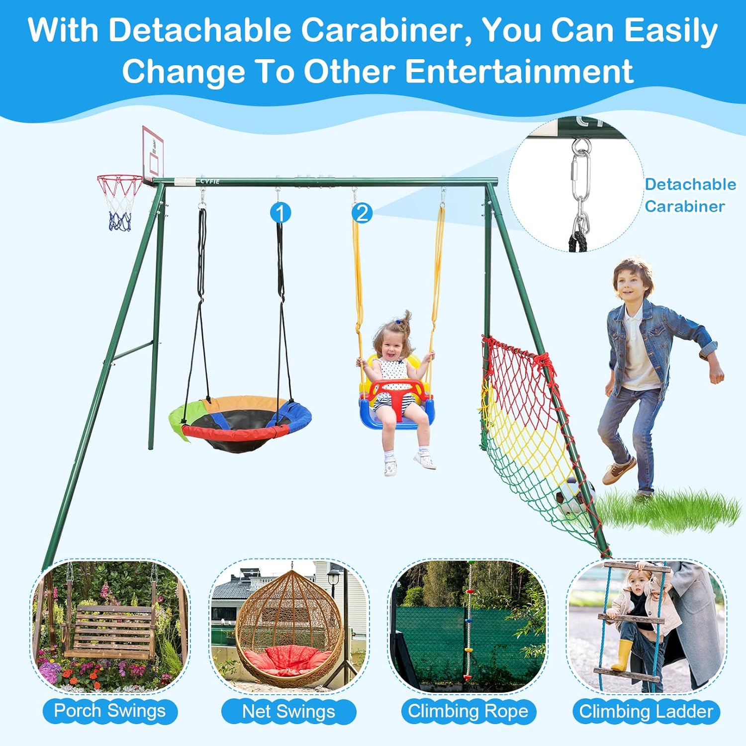 CYFIE Kids Outdoor Swing Set with Metal Frame, Saucer & Belt Swings, Basketball Hoop, Soccer Goal