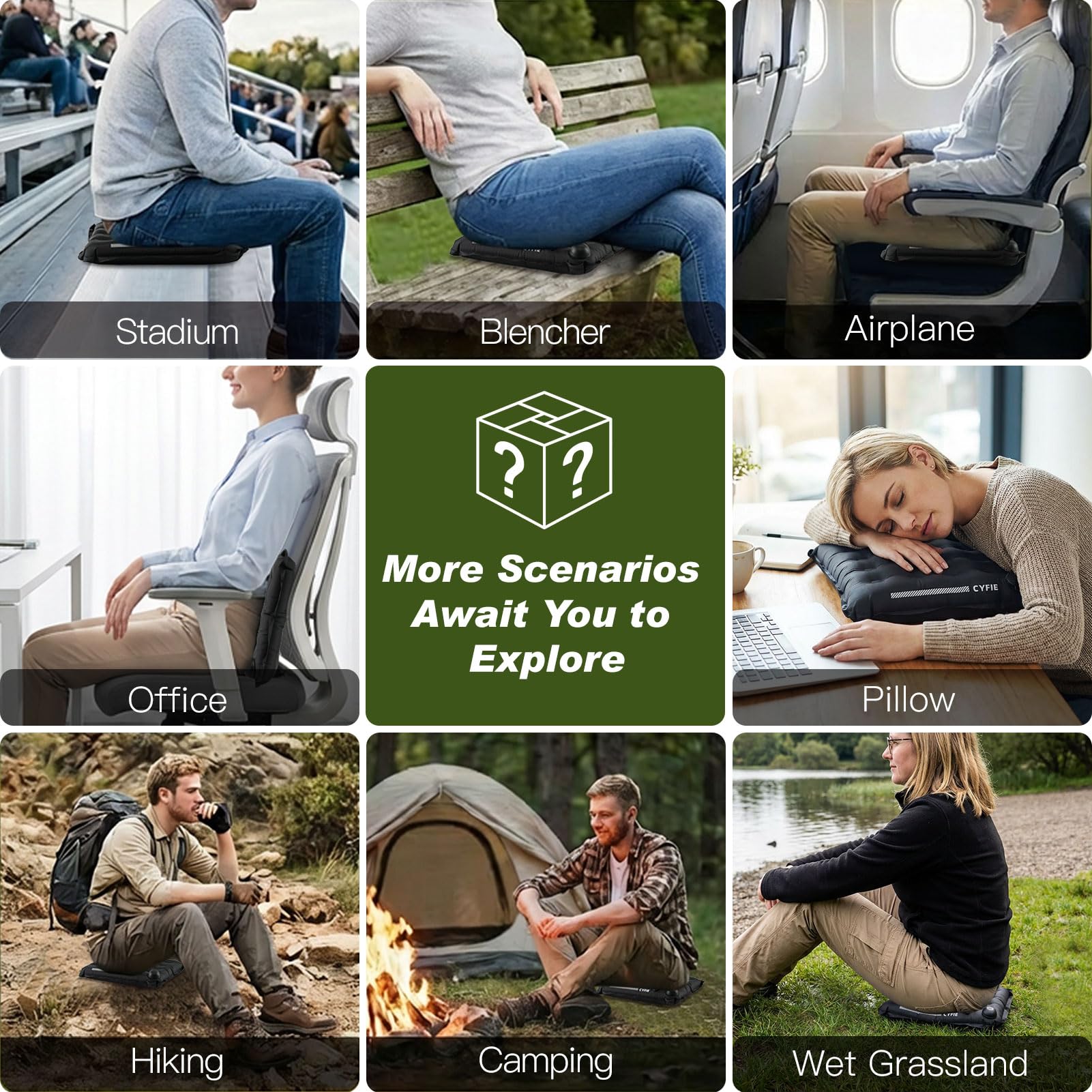 Cyfie Inflatable Seat Cushion for Travel, Portable Stadium Seat | 2.8" thick inflatable cushion, lightweight, water-resistant, ideal as an airplane seat cushion, camping pad and outdoor seat