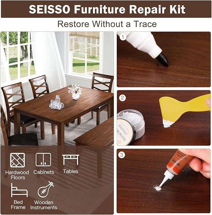 SEISSO Wood Repair Kit –6 Oak Fillers&6 Touch-Up Markers&Wood Putty&Wood Polish Wax