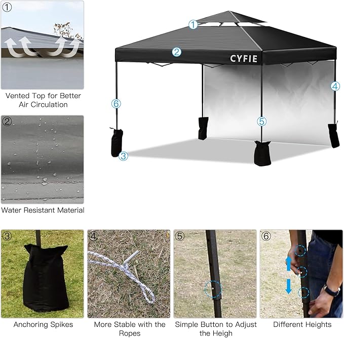 CYFIE 10x10ft Pop Up Canopy Tent with Sidewall & Sandbags