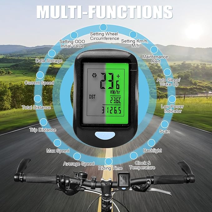 CYFIE Wireless Bike Computer, Waterproof Speedometer & Odometer with Backlit LCD