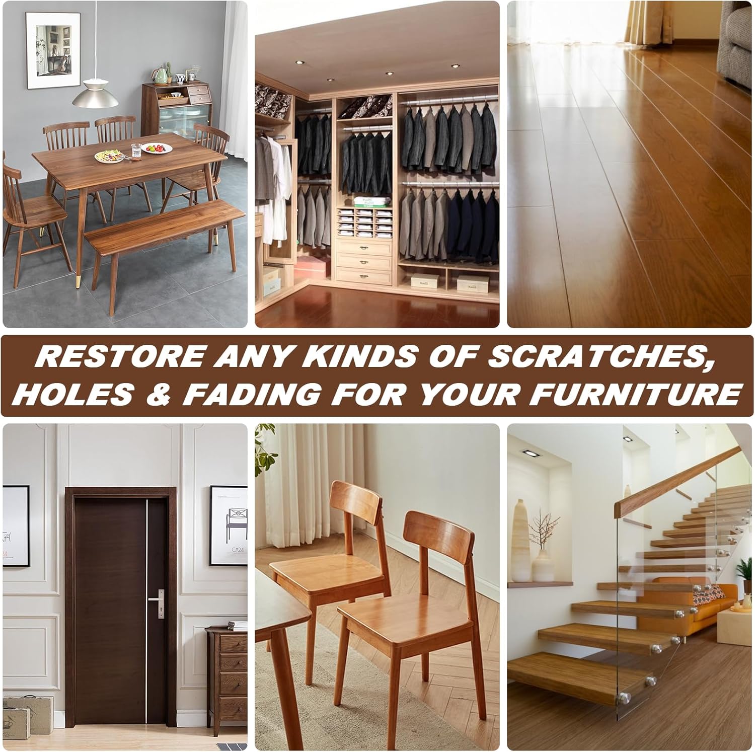 木製家具修理キット – 6色、フィラー＆ポリッシュワックス（傷、ひび割れ、シミ用）（15個、ウォルナット） 