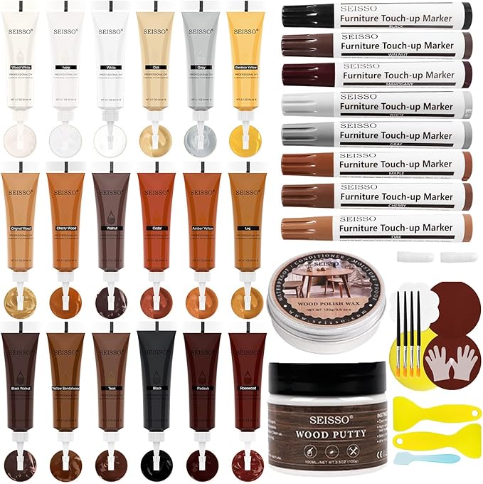 SEISSO Furniture Repair Kit – 40pcs Wood Filler & Markers