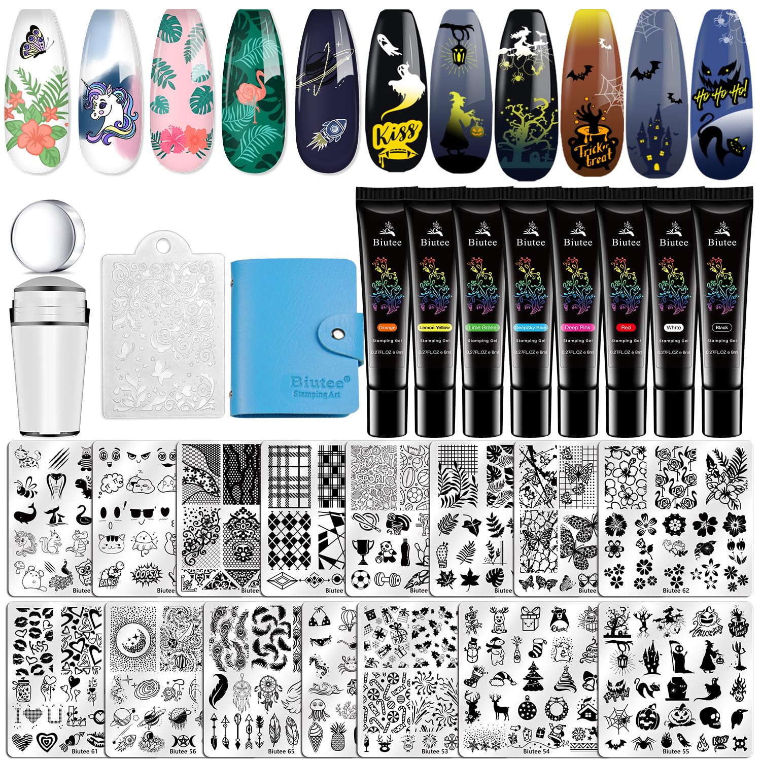 Biutee Nail Stamping Kit – 15PCS Plates, 8PCS Gel Polishes, Stamper & Scraper with Bag, Flower & Holiday Nail Art Designs