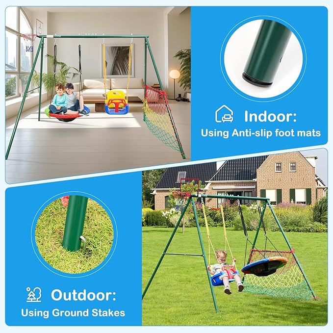 CYFIE Kids Outdoor Swing Set with Metal Frame, Saucer & Belt Swings, Basketball Hoop, Soccer Goal