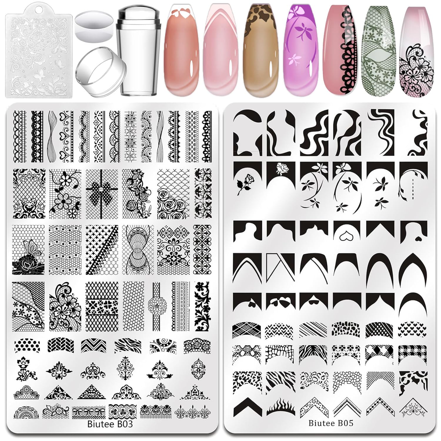 Biutee Nail Stamping Kit – 10PCS French Line Plates with Silicone Stamper for DIY Manicure & Salon Nail Art