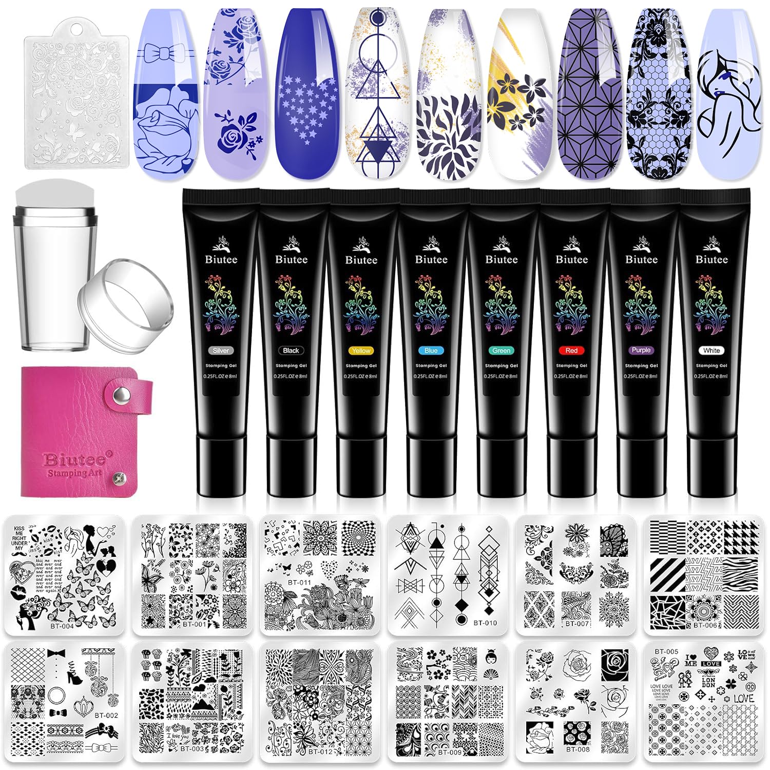 Biutee French Tip Nail Stamping Kit – 2PCS Lace Plates with Stamper & Scraper, DIY Nail Art Templates for Manicure