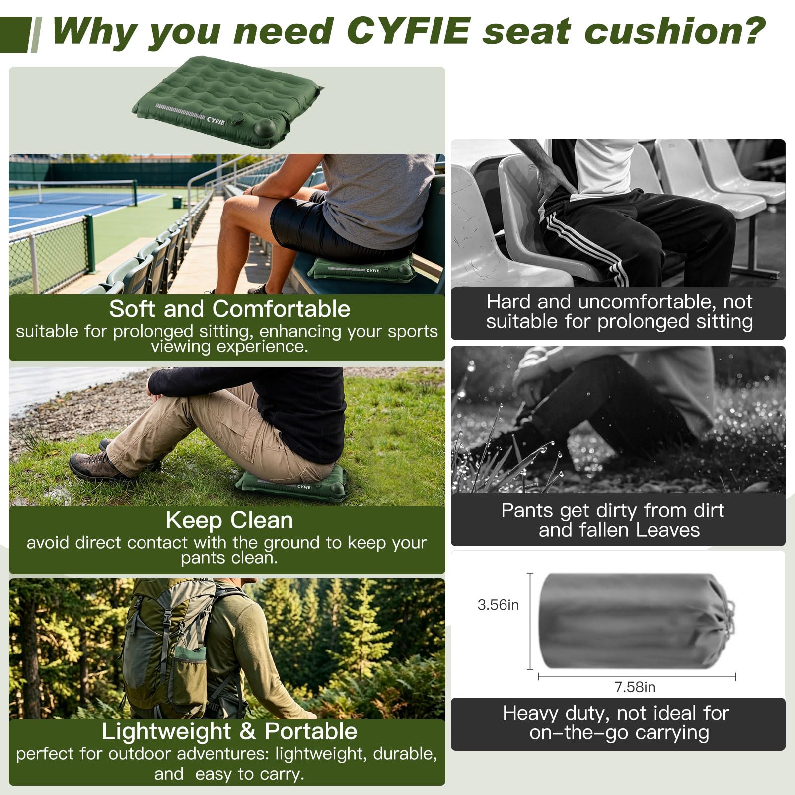 Cyfie Inflatable Seat Cushion for Travel, Portable Stadium Seat | 2.8" thick inflatable cushion, lightweight, water-resistant, ideal as an airplane seat cushion, camping pad and outdoor seat