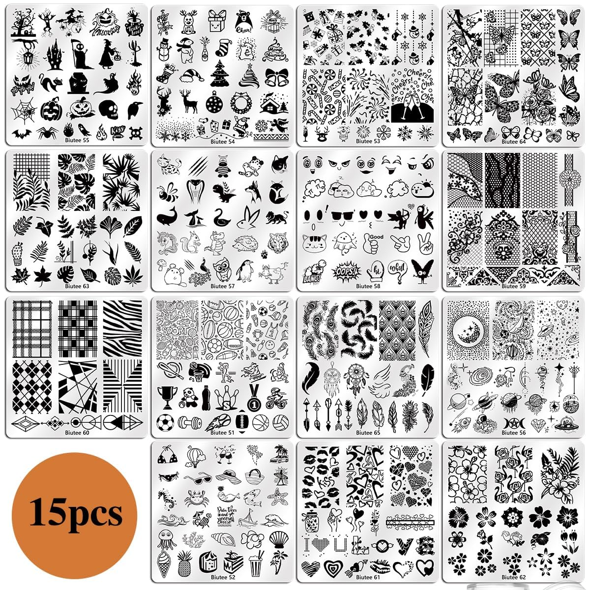 Biutee Nail Stamping Kit – 15PCS Plates, 8PCS Gel Polishes, Stamper & Scraper with Bag, Flower & Holiday Nail Art Designs
