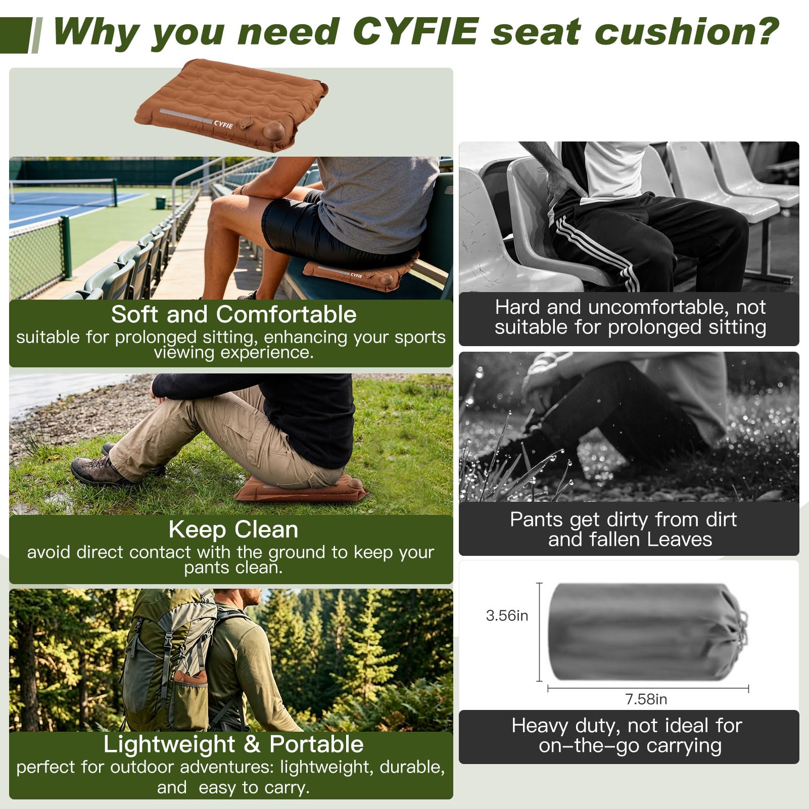 Cyfie Inflatable Seat Cushion for Travel, Portable Stadium Seat | 2.8" thick inflatable cushion, lightweight, water-resistant, ideal as an airplane seat cushion, camping pad and outdoor seat