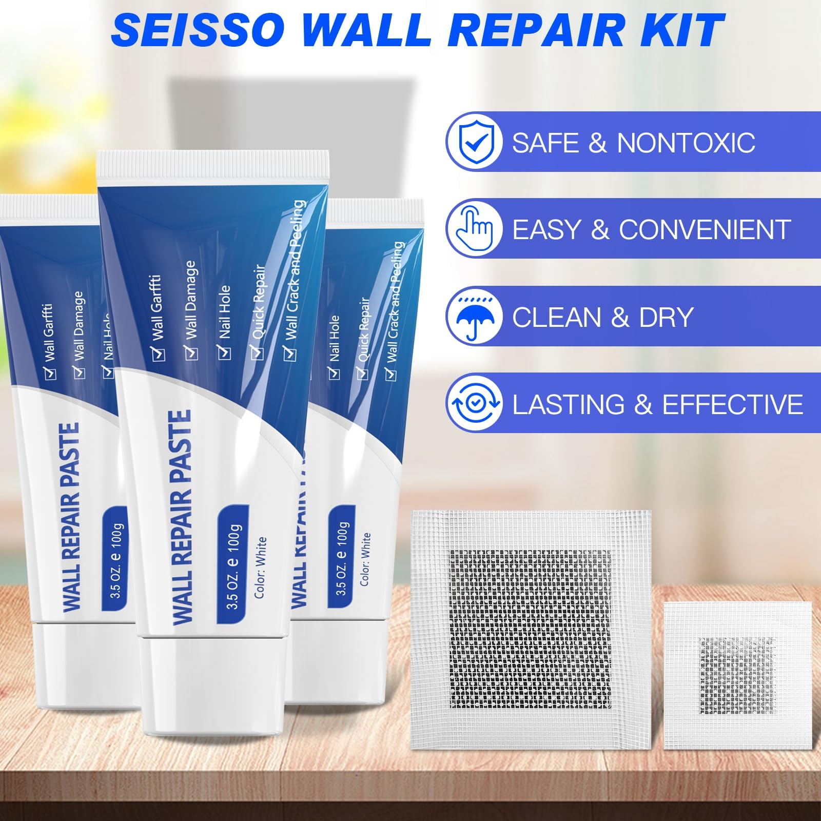 SEISSO Drywall Repair Kit, 500 g Wall Mending Agent- 2 Pack, Wall Spackle Repair Kit with Scraper, Patch for Wall Hole Filler, White Spackle Wall Repair Paste, Plaster Dent