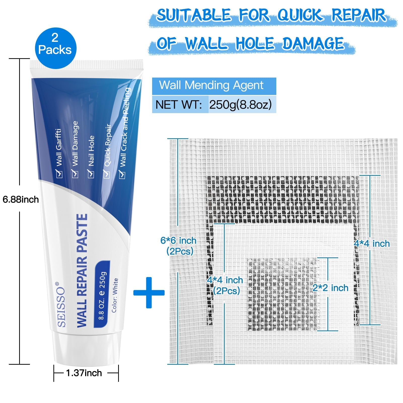 SEISSO Drywall Repair Kit, 500 g Wall Mending Agent- 2 Pack, Wall Spackle Repair Kit with Scraper, Patch for Wall Hole Filler, White Spackle Wall Repair Paste, Plaster Dent