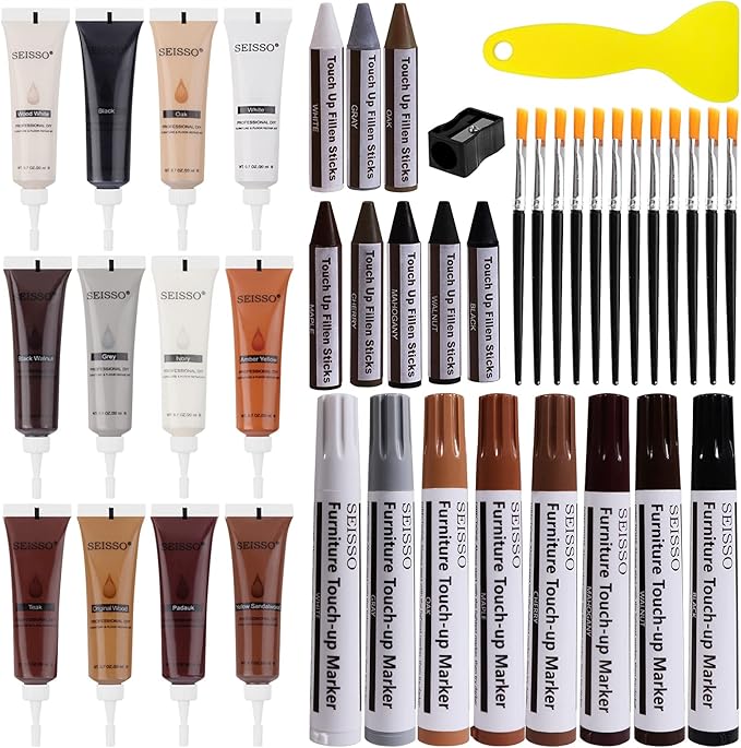 SEISSO Wood Furniture Repair Kit - 42 Pcs Wood Fillers & Markers for Scratches, Cracks, Stains & Holes