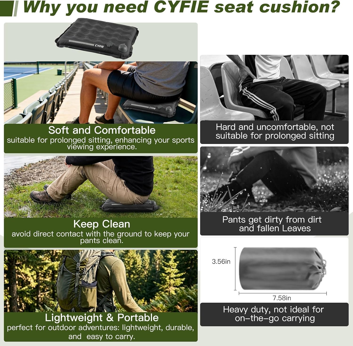 Cyfie Inflatable Seat Cushion for Travel, Portable Stadium Seat | 2.8" thick inflatable cushion, lightweight, water-resistant, ideal as an airplane seat cushion, camping pad and outdoor seat