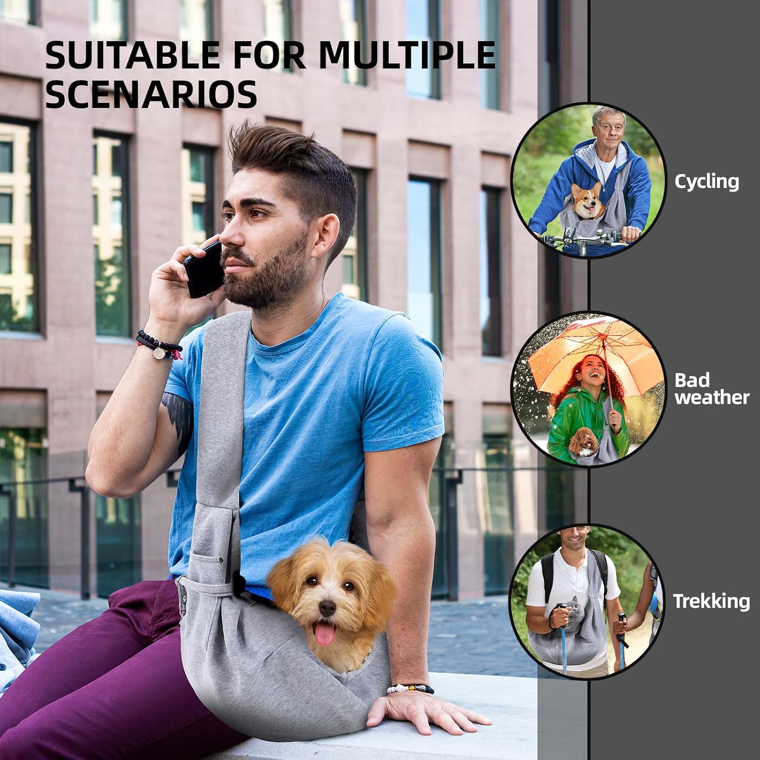 SEISSO Reversible Cat Dog Sling Carrier, Safety buckle, Storage Pocket, Machine Washable for Travel