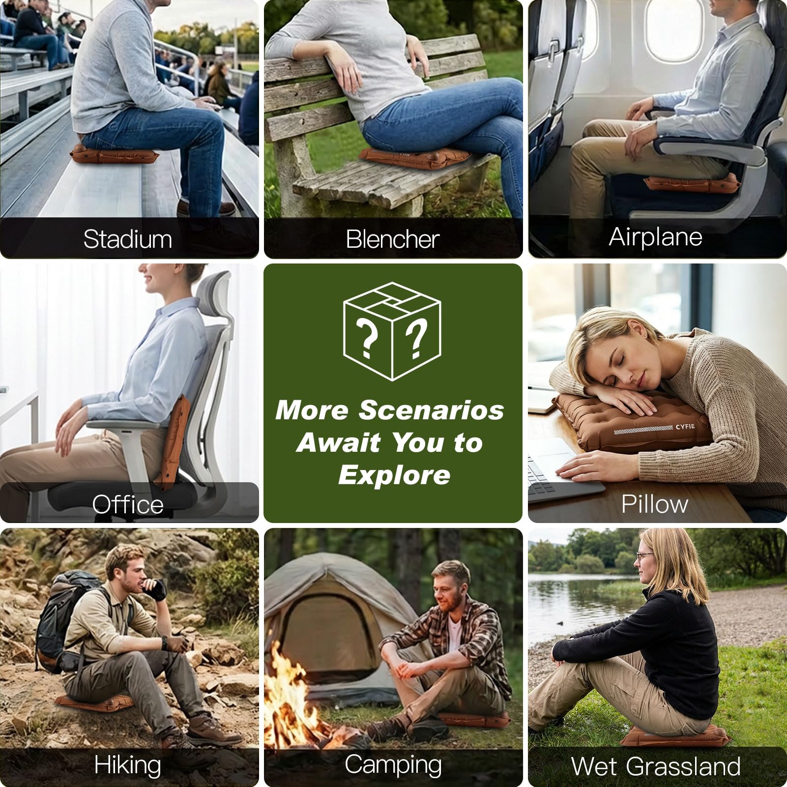 Cyfie Inflatable Seat Cushion for Travel, Portable Stadium Seat | 2.8" thick inflatable cushion, lightweight, water-resistant, ideal as an airplane seat cushion, camping pad and outdoor seat