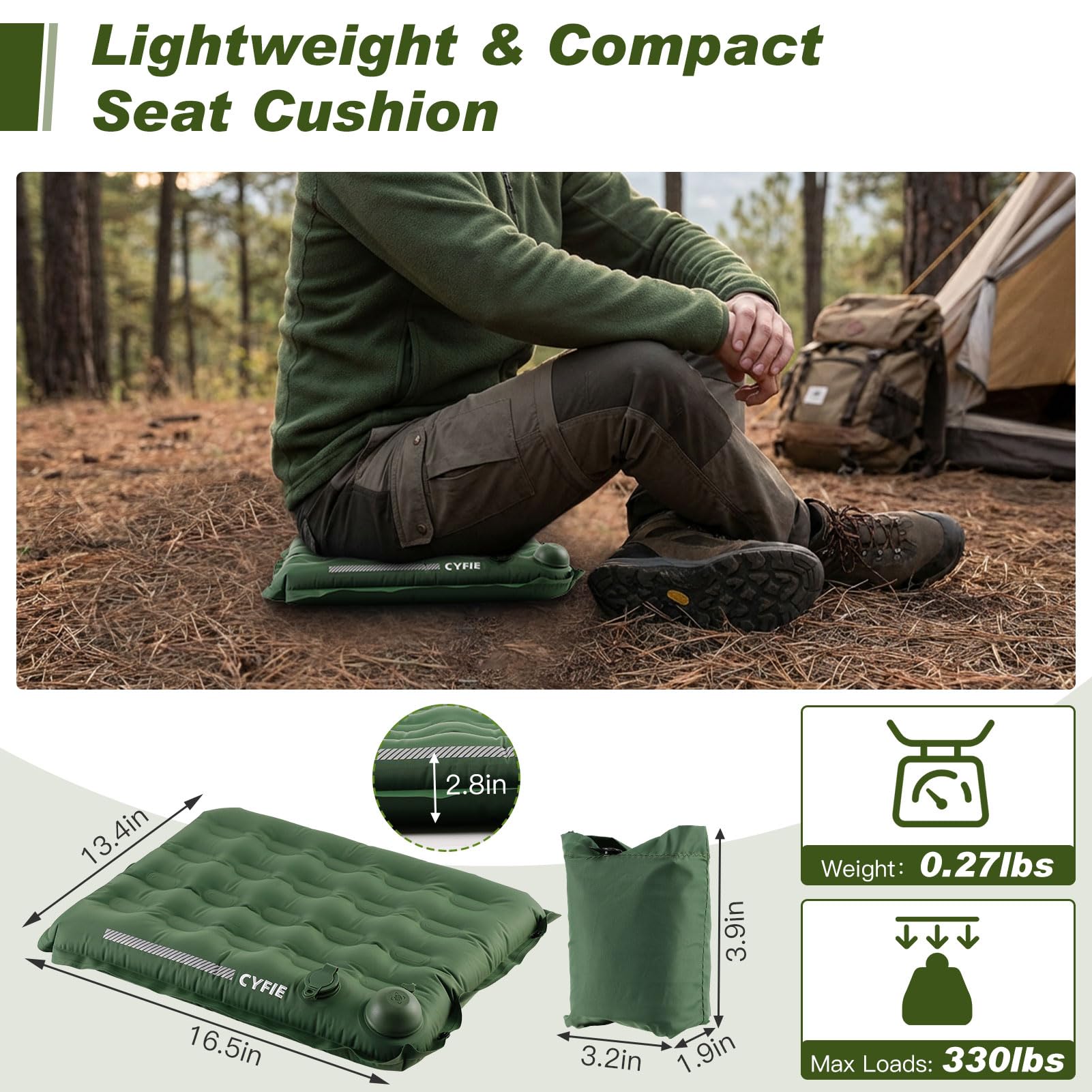Cyfie Inflatable Seat Cushion for Travel, Portable Stadium Seat | 2.8" thick inflatable cushion, lightweight, water-resistant, ideal as an airplane seat cushion, camping pad and outdoor seat
