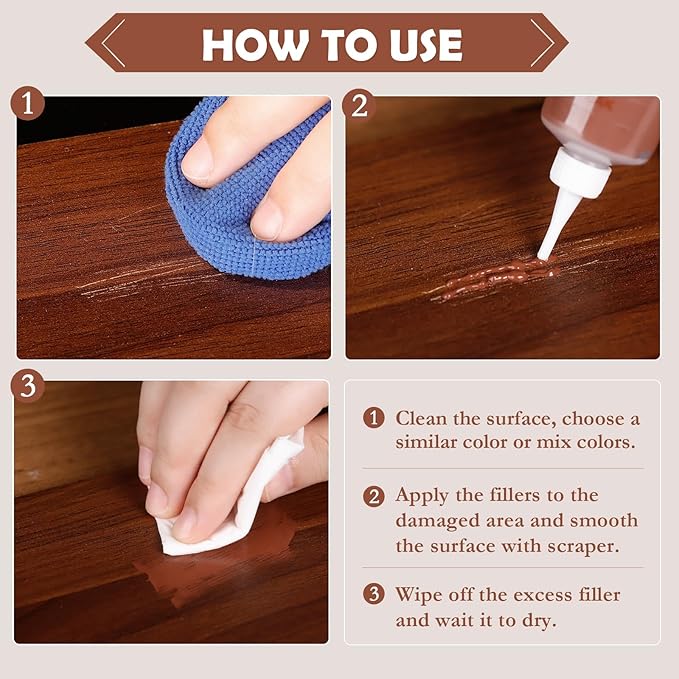 SEISSO Wood Repair Kit for Oak, Walnut & Laminate Furniture 45ml with 4 Color Fillers
