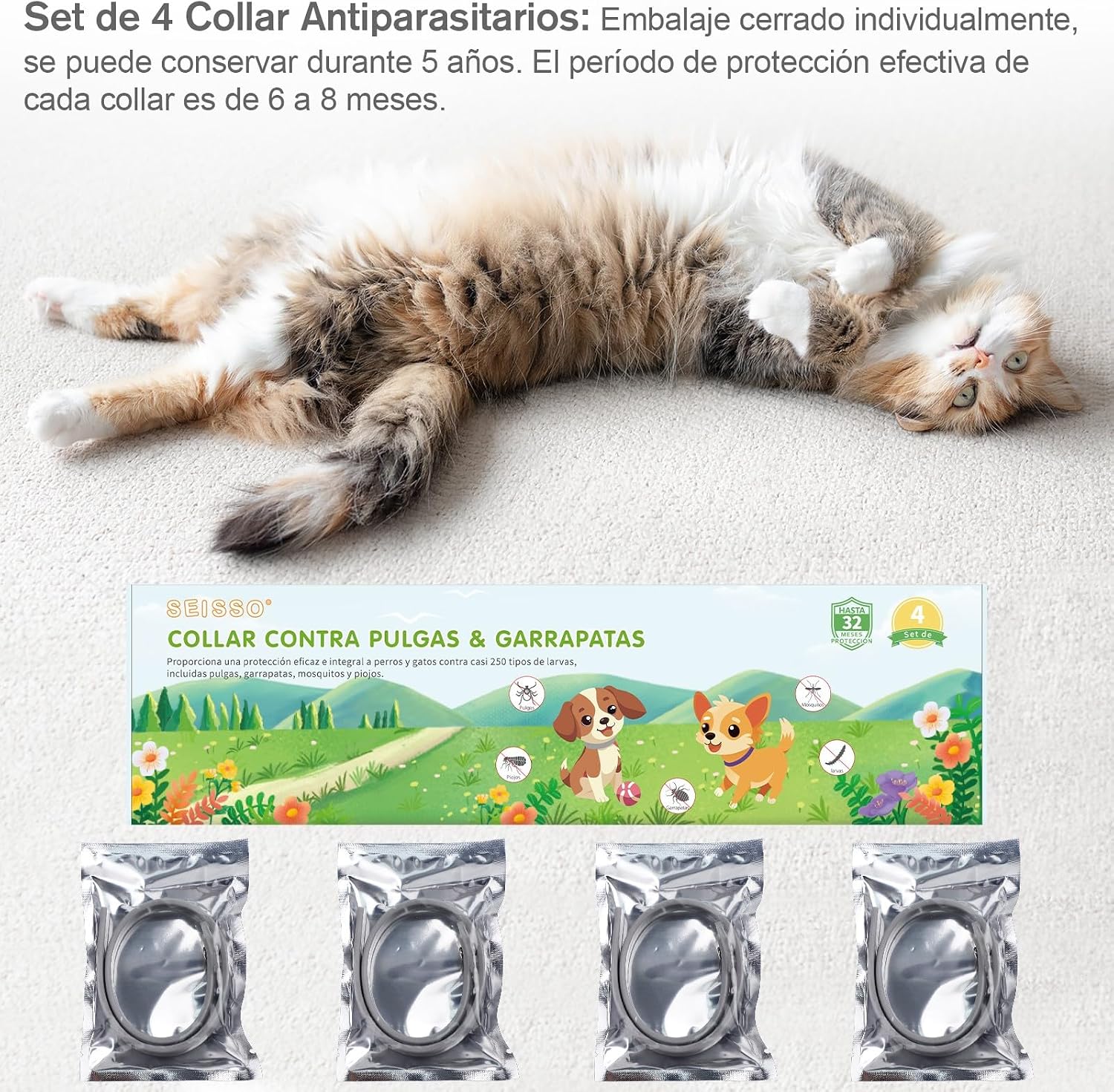 SEISSO 4 Anitparasitic Collars for Cats, Set of 4 Flea and Tick Collar with 24-32 Months Protection, Anti-Pale Collars for Small Dogs and Cats, 34.5 cm, Grey