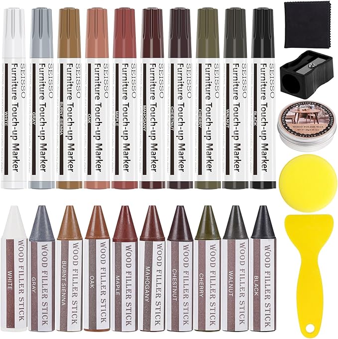 SEISSO 25 Pcs Furniture Touch-Up Kit – Wood Markers & Wax Sticks for Scratch Repair
