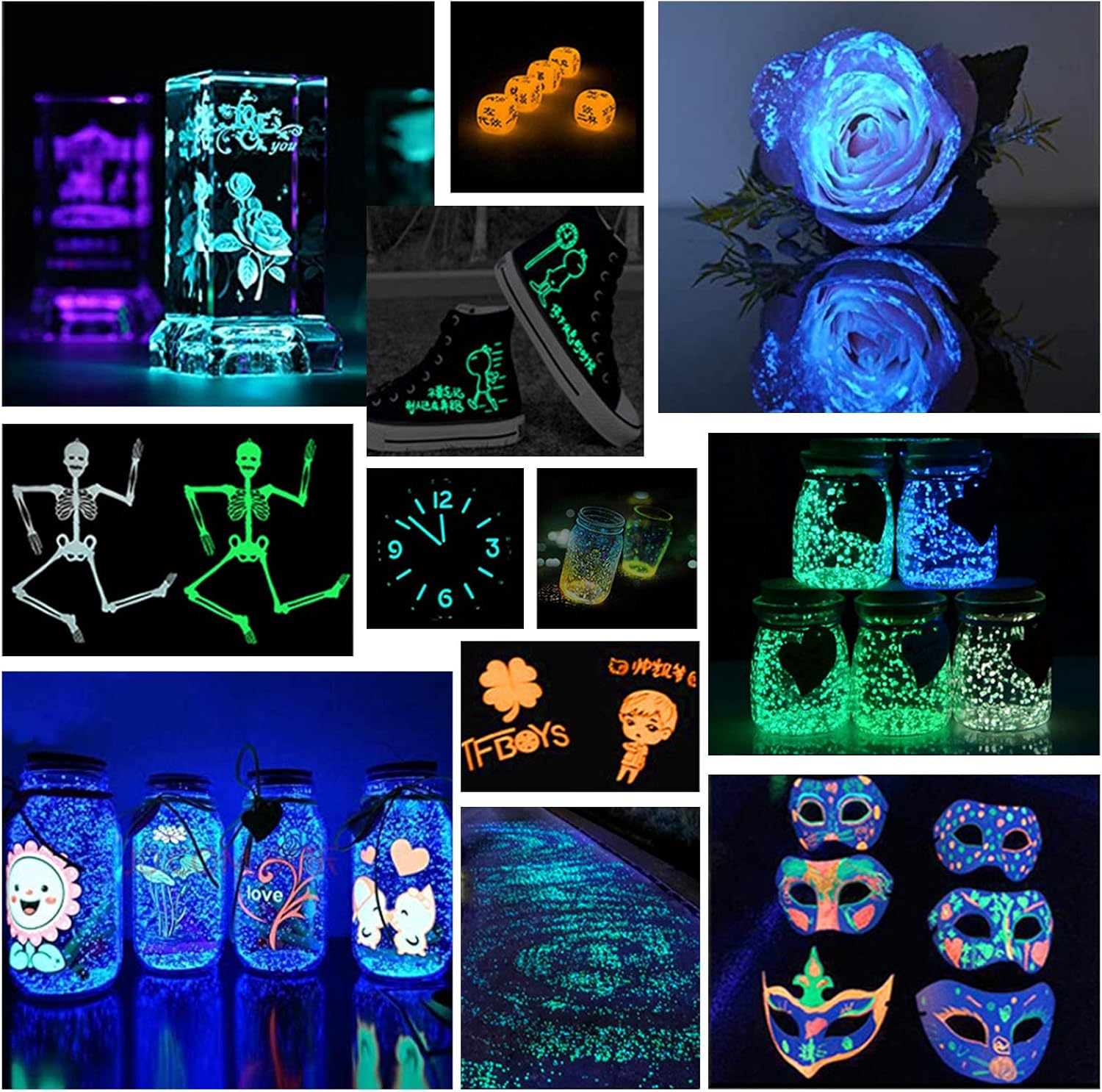 Glow in The Dark Powder 6 Colors - 120g Set 20 g/0.7oz Each with FREE UV Light | for Halloween, Nail Polish, Crafts, Slime, Epoxy Resin | Bright Luminous for Hours Pigment Safe for Skin & Crafts