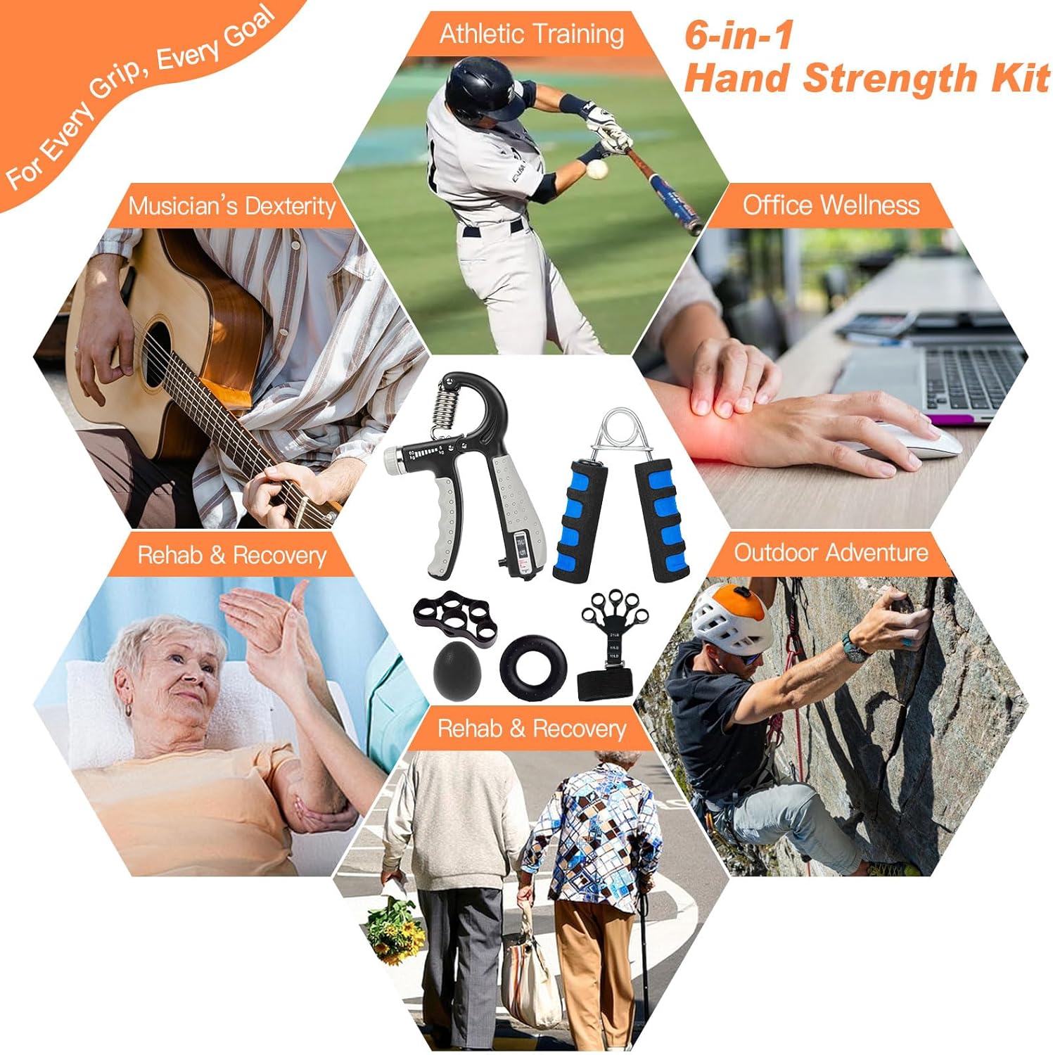 CYFIE Grip Strength Trainer Kit (6 Pack), 2 Forearm Strengthener with Adjustable, Finger Strengthener, Finger Exerciser, Stress Relief Ball & Grip Ring for Workout, Muscle Building and Recovery