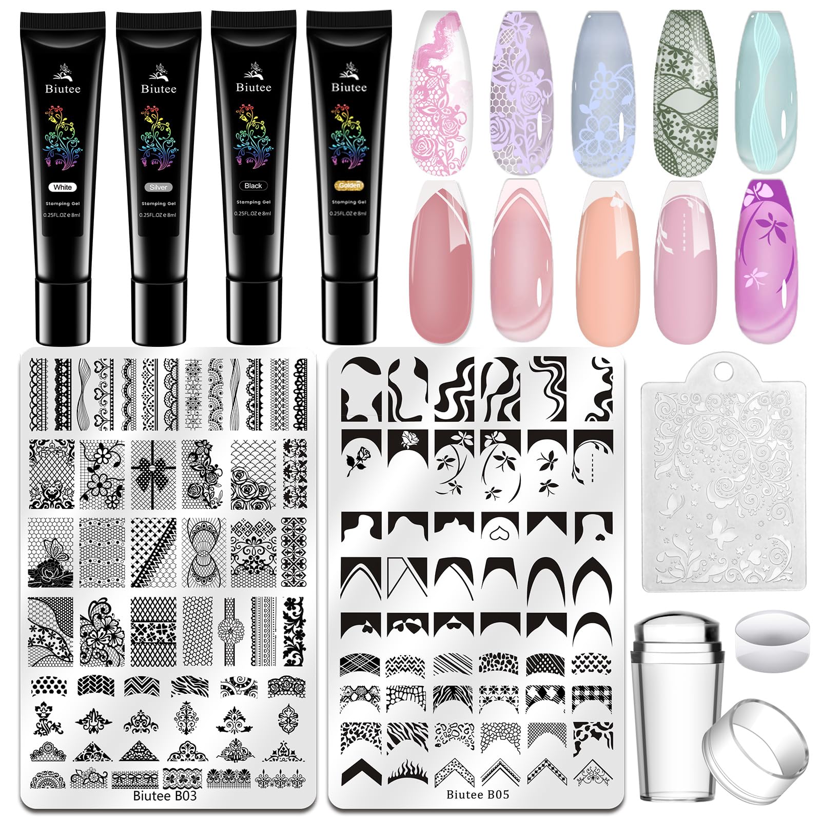 Biutee French Tip Nail Stamping Kit – 2PCS Lace Plates with Stamper & Scraper, DIY Nail Art Templates for Manicure