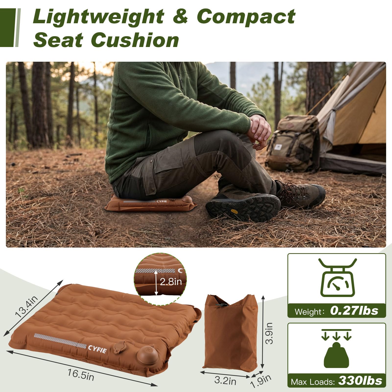 Cyfie Inflatable Seat Cushion for Travel, Portable Stadium Seat | 2.8" thick inflatable cushion, lightweight, water-resistant, ideal as an airplane seat cushion, camping pad and outdoor seat