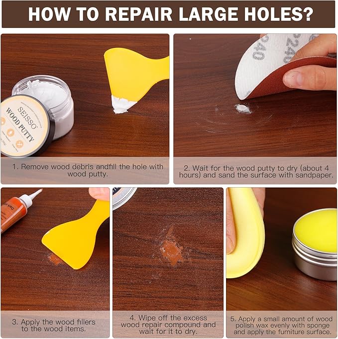 SEISSO Wood Repair Kit –6 Oak Fillers&6 Touch-Up Markers&Wood Putty&Wood Polish Wax