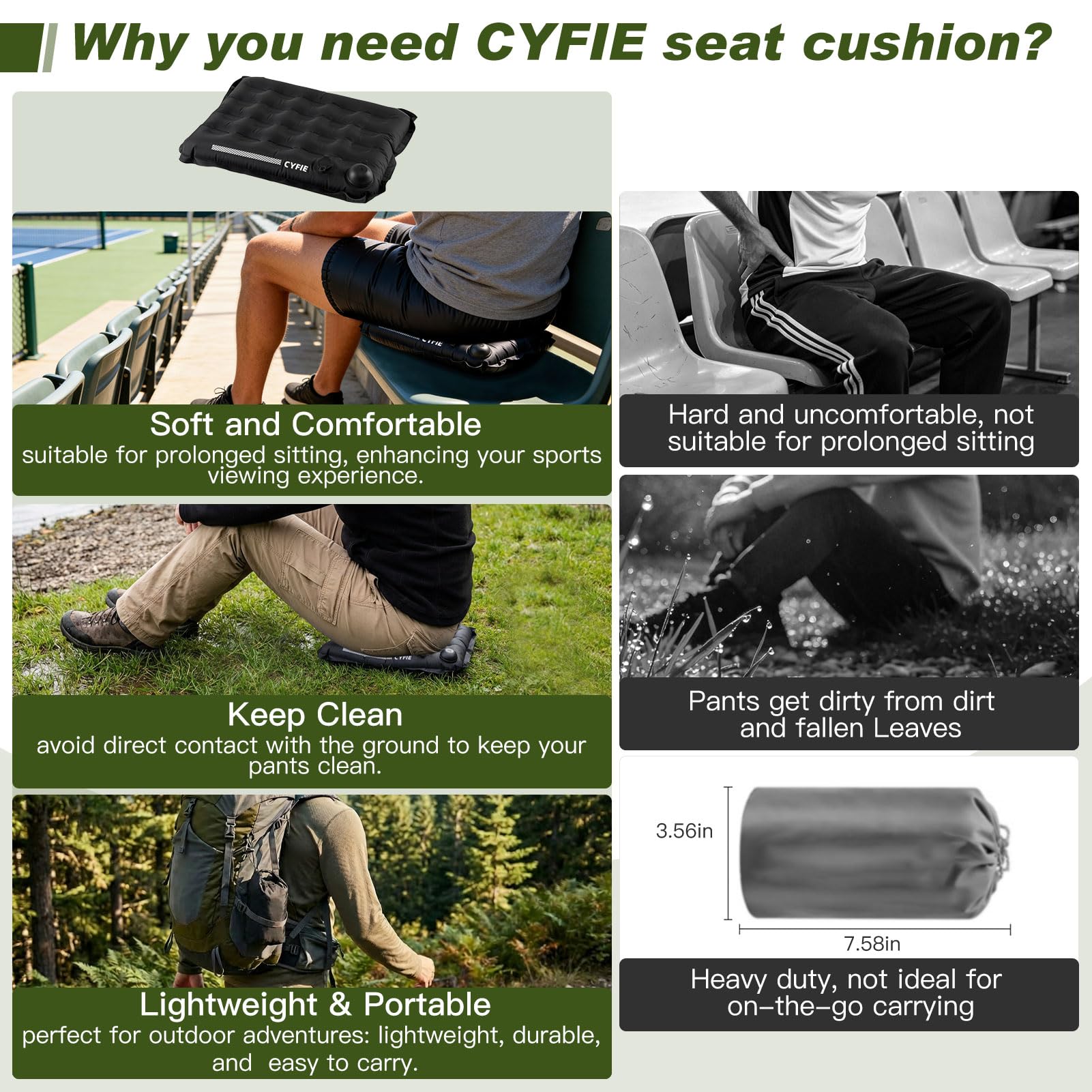 Cyfie Inflatable Seat Cushion for Travel, Portable Stadium Seat | 2.8" thick inflatable cushion, lightweight, water-resistant, ideal as an airplane seat cushion, camping pad and outdoor seat