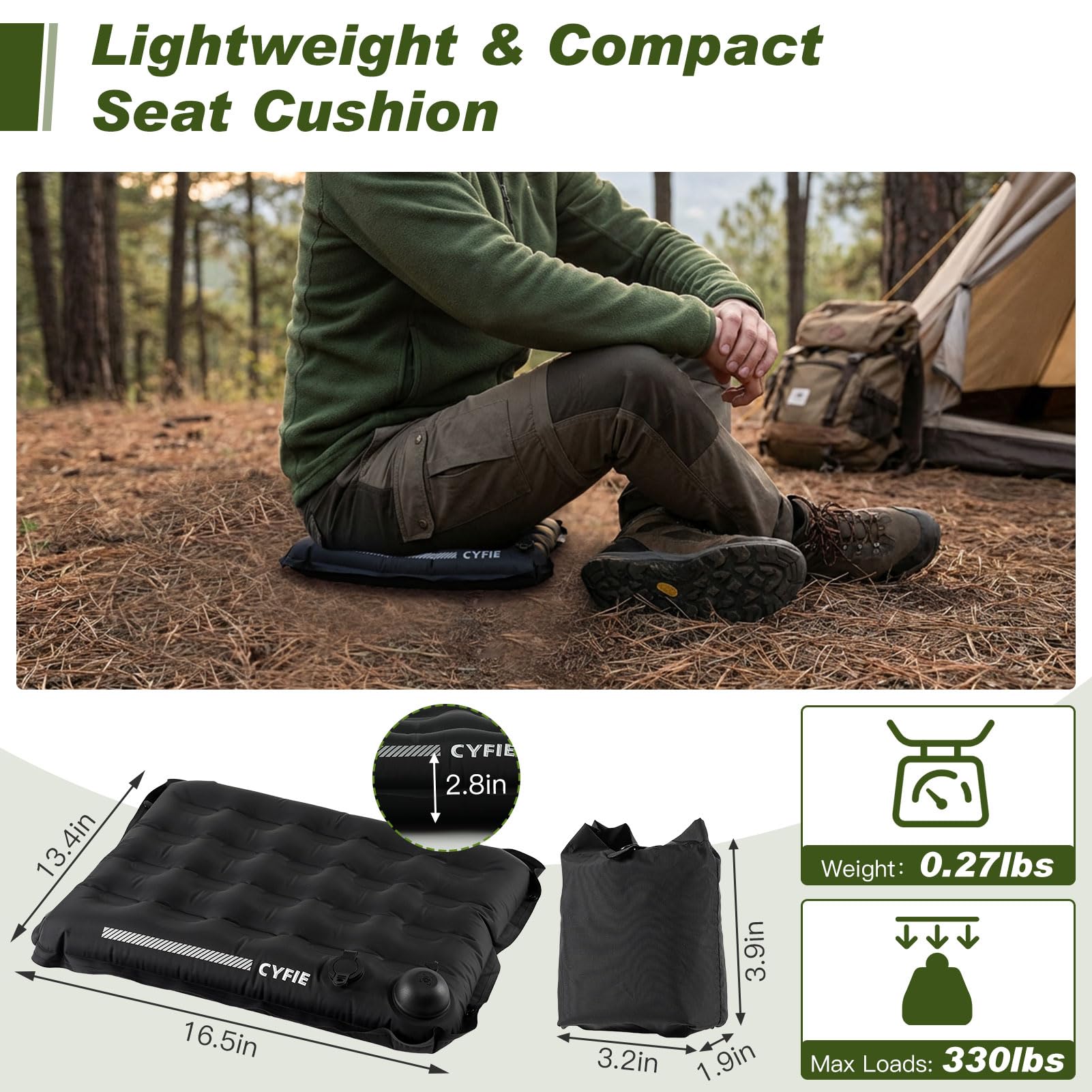 Cyfie Inflatable Seat Cushion for Travel, Portable Stadium Seat | 2.8" thick inflatable cushion, lightweight, water-resistant, ideal as an airplane seat cushion, camping pad and outdoor seat