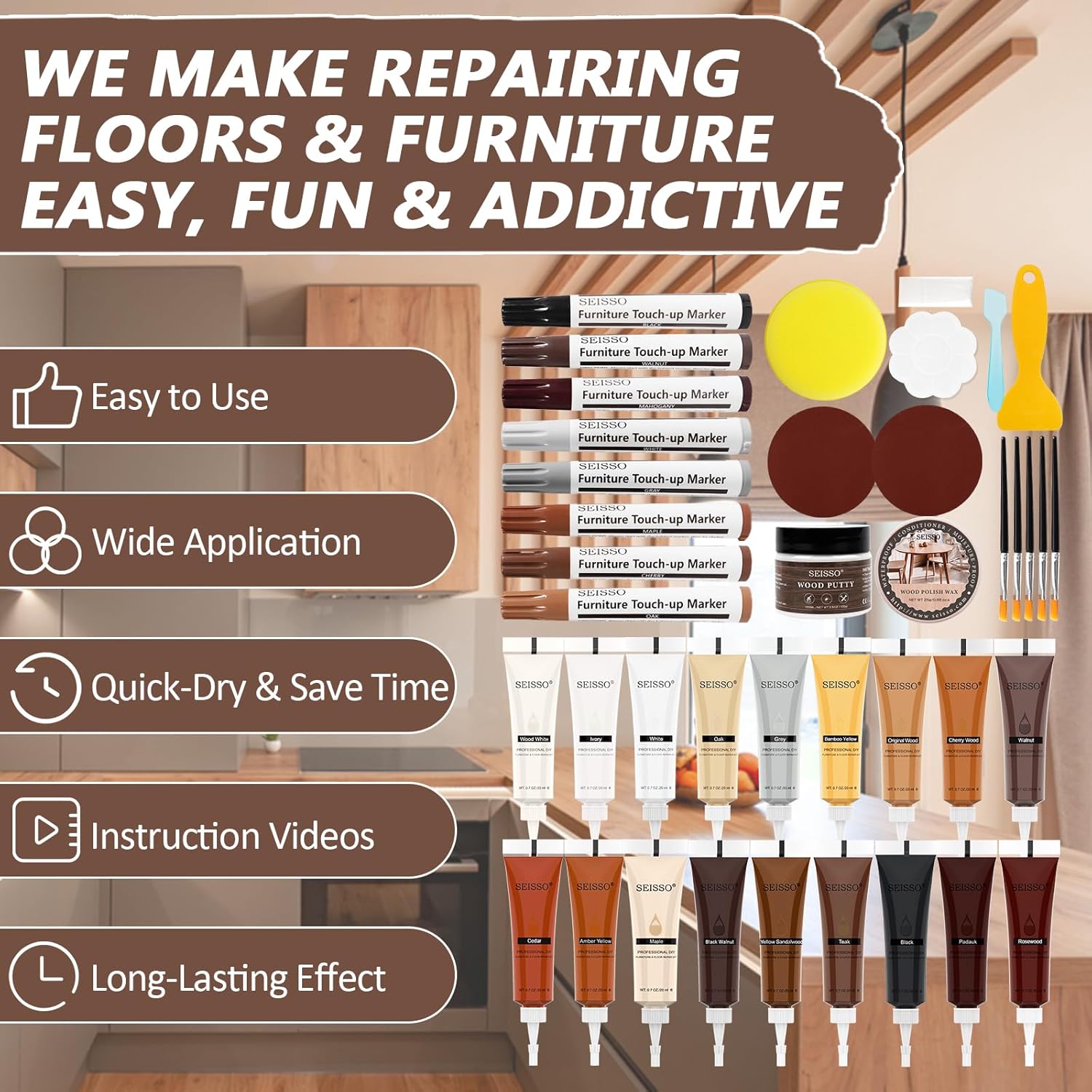 SEISSO Furniture Repair Kit – 40pcs Wood Filler & Markers