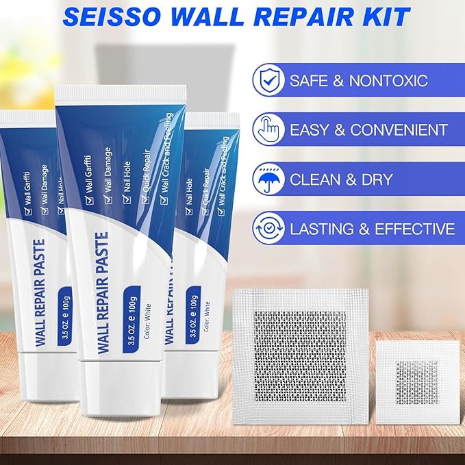 SEISSO Drywall Repair Kit – 3×100g Paste with Patches, Scraper & Sandpaper