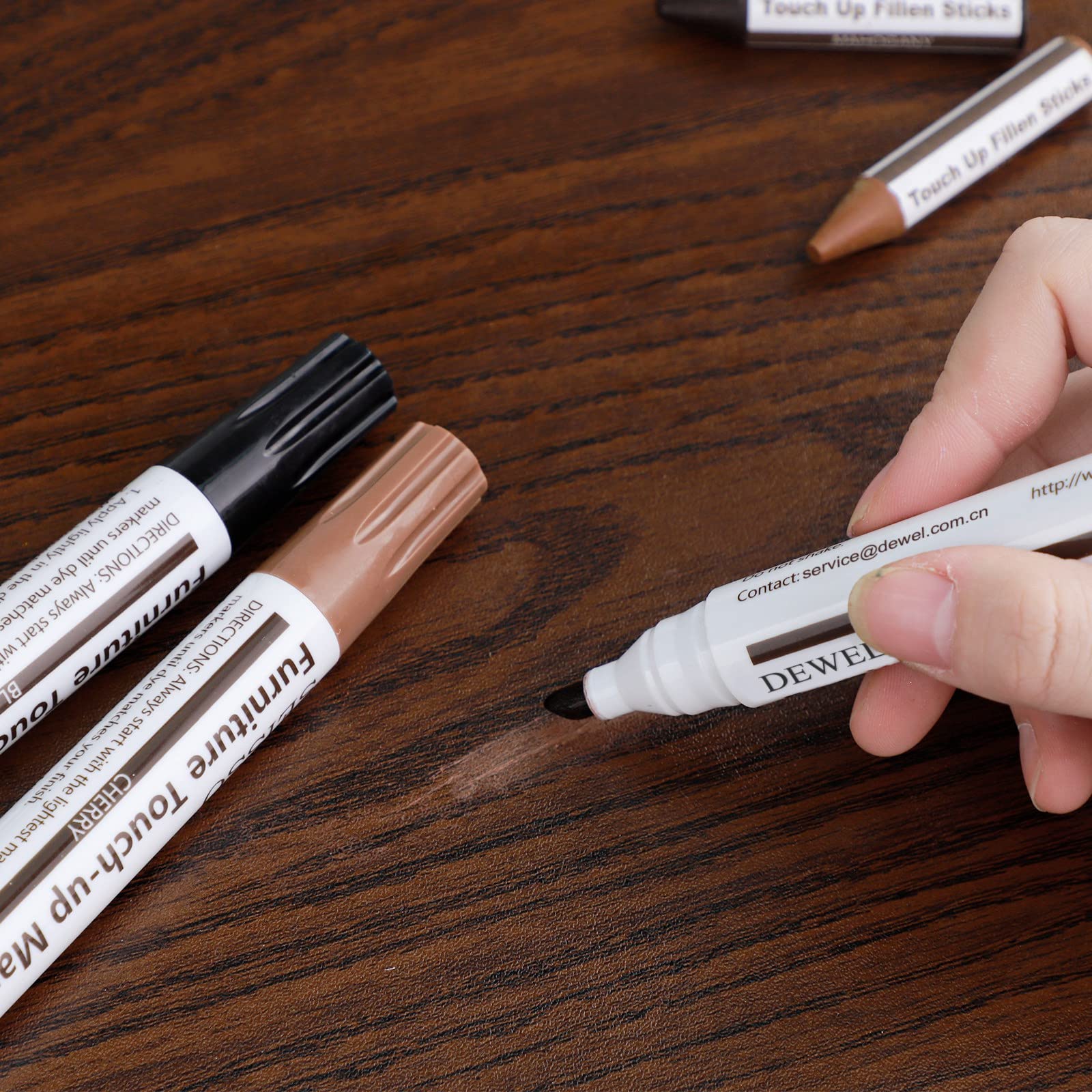 DEWEL 42PCS Wood Furniture Repair Kit – Upgrade Wood Filler, Touch Up Markers & Wax Sticks for Scratches, Cracks & Holes