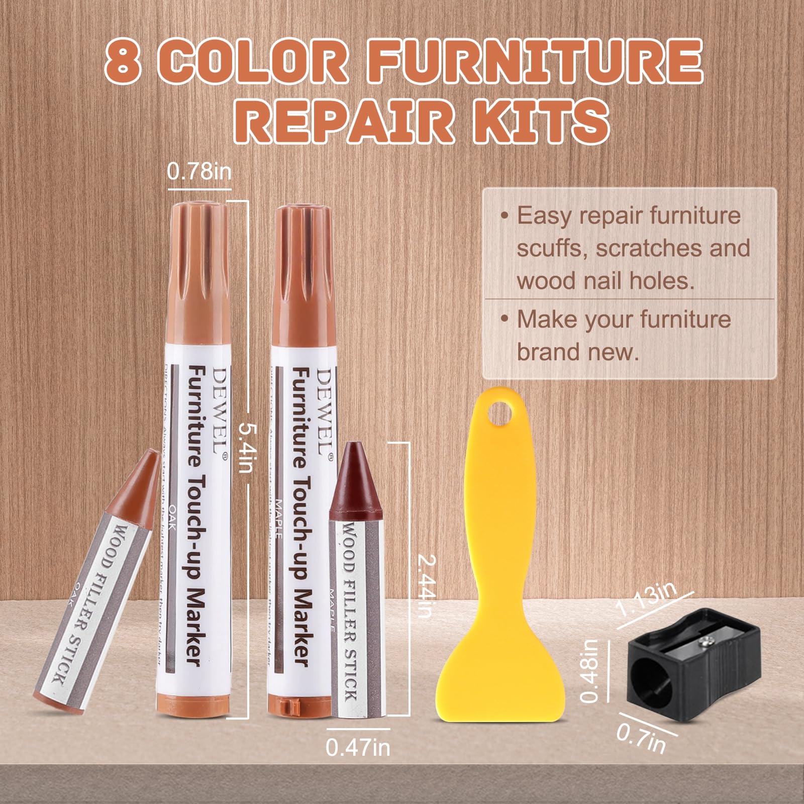 DEWEL 42PCS Wood Furniture Repair Kit – Upgrade Wood Filler, Touch Up Markers & Wax Sticks for Scratches, Cracks & Holes