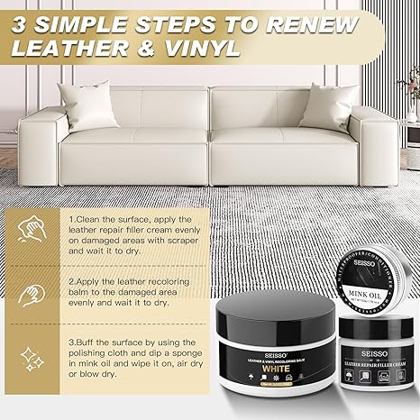 SEISSO White Leather Repair Kit with Recoloring Balm & Mink Oil for Furniture, Car Seats, Shoes & Sofa