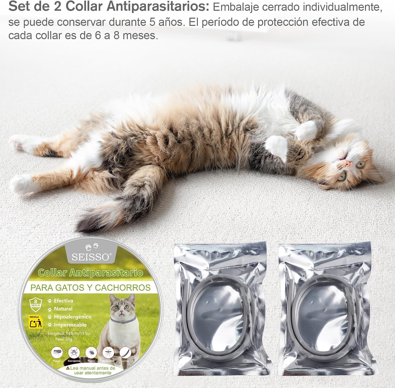 SEISSO 2 Flea Collars for Cats, Set of 2 Flea and Tick Collar with 6-8 Months Protection, Anti-Parasitic Collar 34.5 cm Adjustable for Small Dogs and Cats, Grey