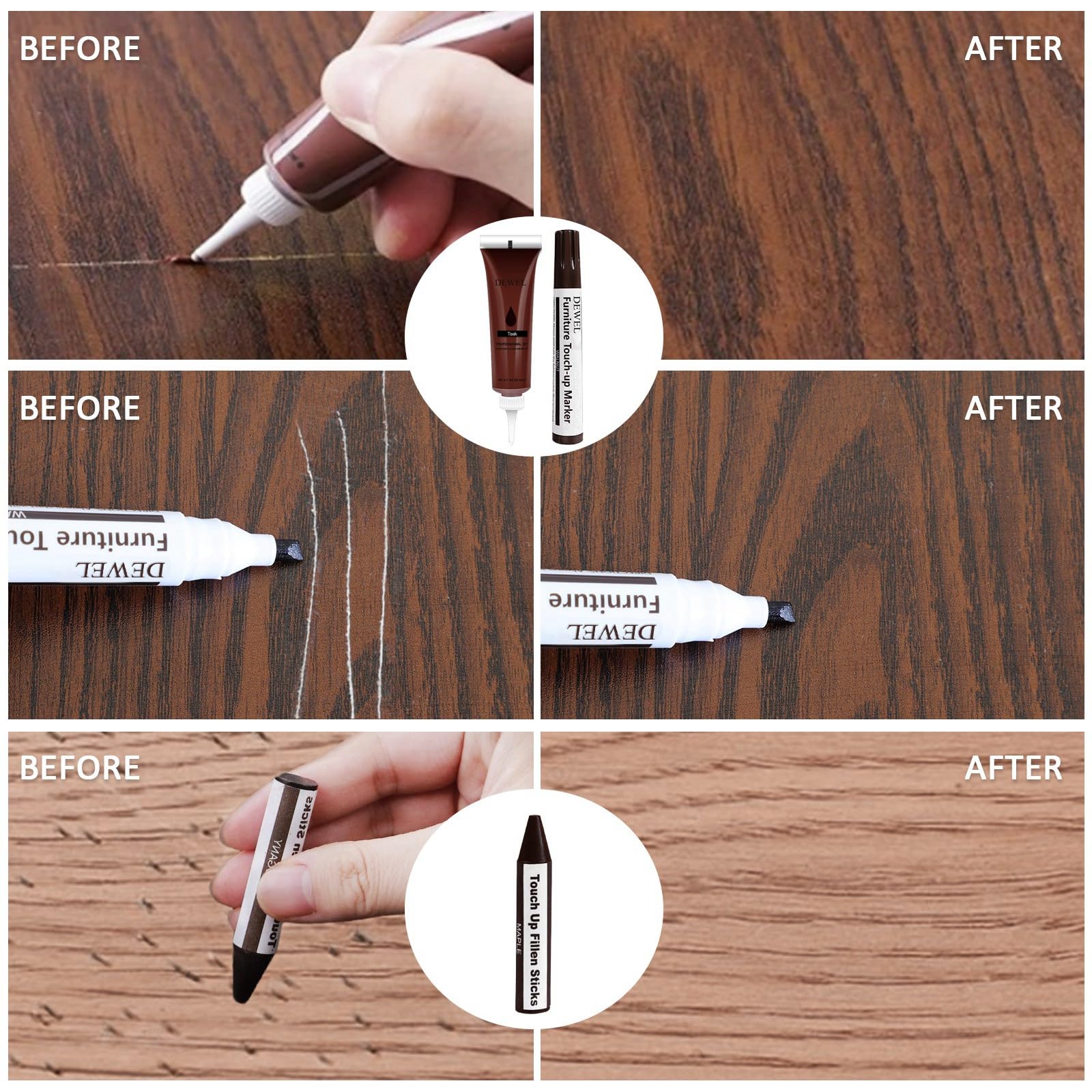 DEWEL 42PCS Wood Furniture Repair Kit – Upgrade Wood Filler, Touch Up Markers & Wax Sticks for Scratches, Cracks & Holes