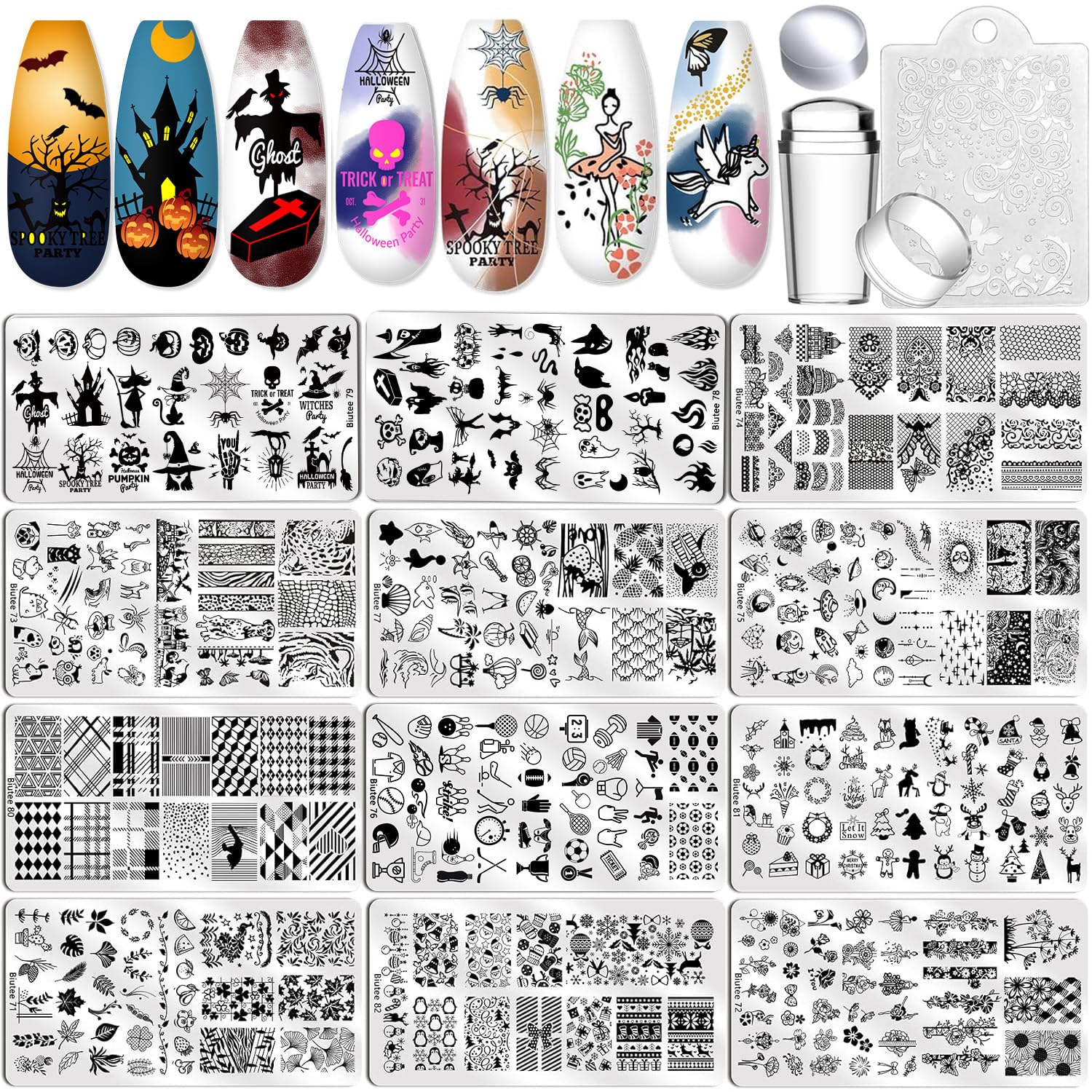 Biutee Nail Stamping Kit – 12PCS Plates with Stamper, Flower, Lace, Animal & Holiday Nail Art Designs
