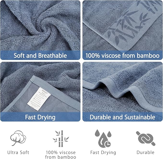 SEISSO Bamboo Hand Towels 6 Pack Soft Absorbent Quick Drying Bathroom Towels 13x29 Blue