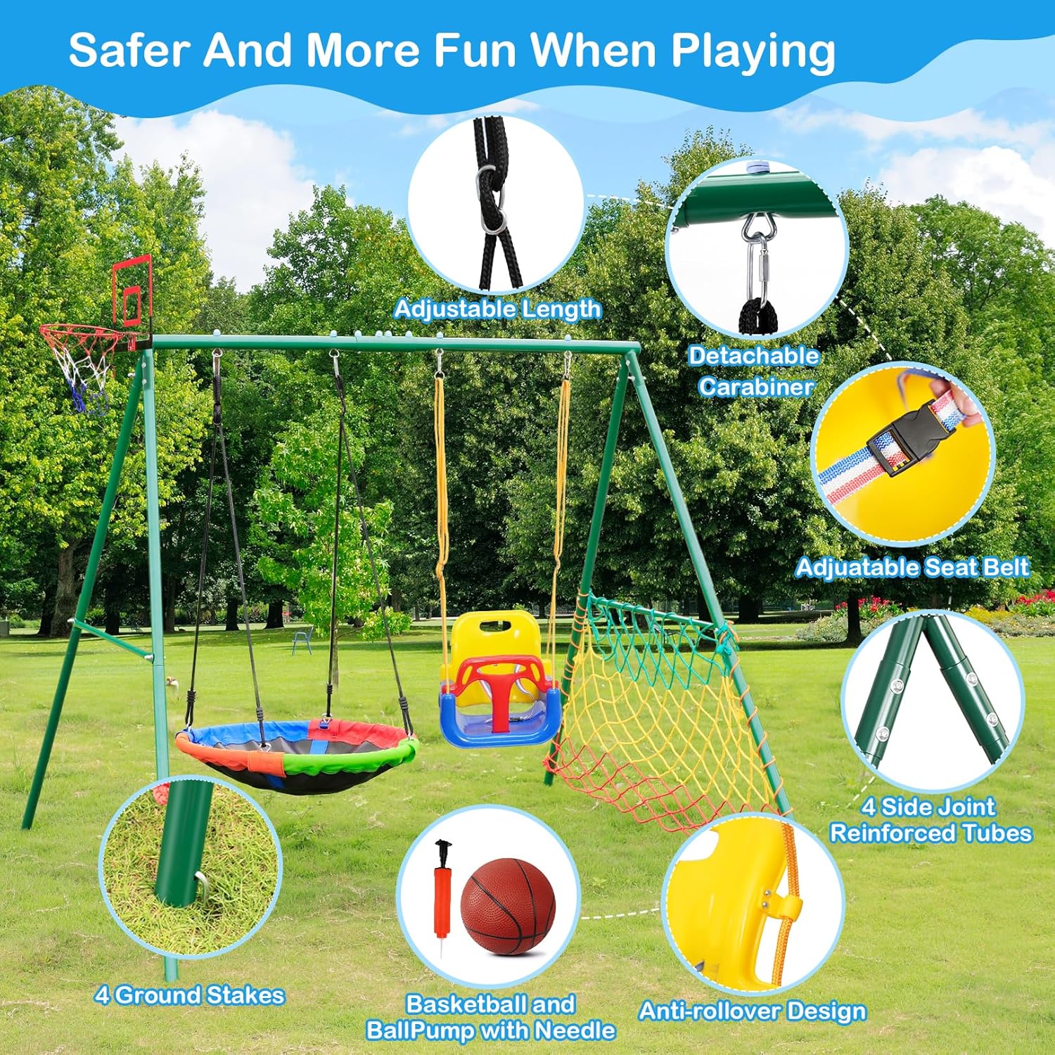 CYFIE Kids Outdoor Swing Set with Metal Frame, Saucer & Belt Swings, Basketball Hoop, Soccer Goal