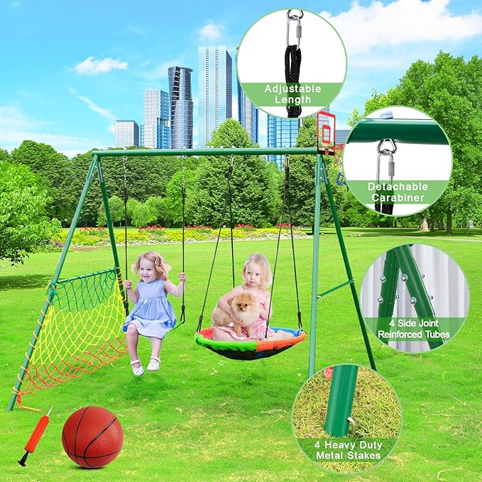 CYFIE Kids Outdoor Swing Set with Metal Frame, Saucer & Belt Swings, Basketball Hoop, Soccer Goal