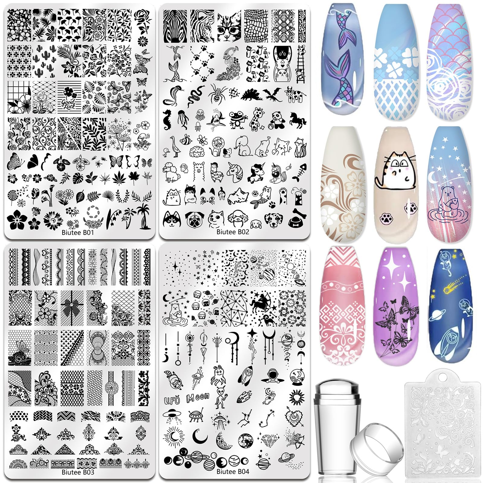 Biutee Nail Stamping Kit – 10PCS French Line Plates with Silicone Stamper for DIY Manicure & Salon Nail Art