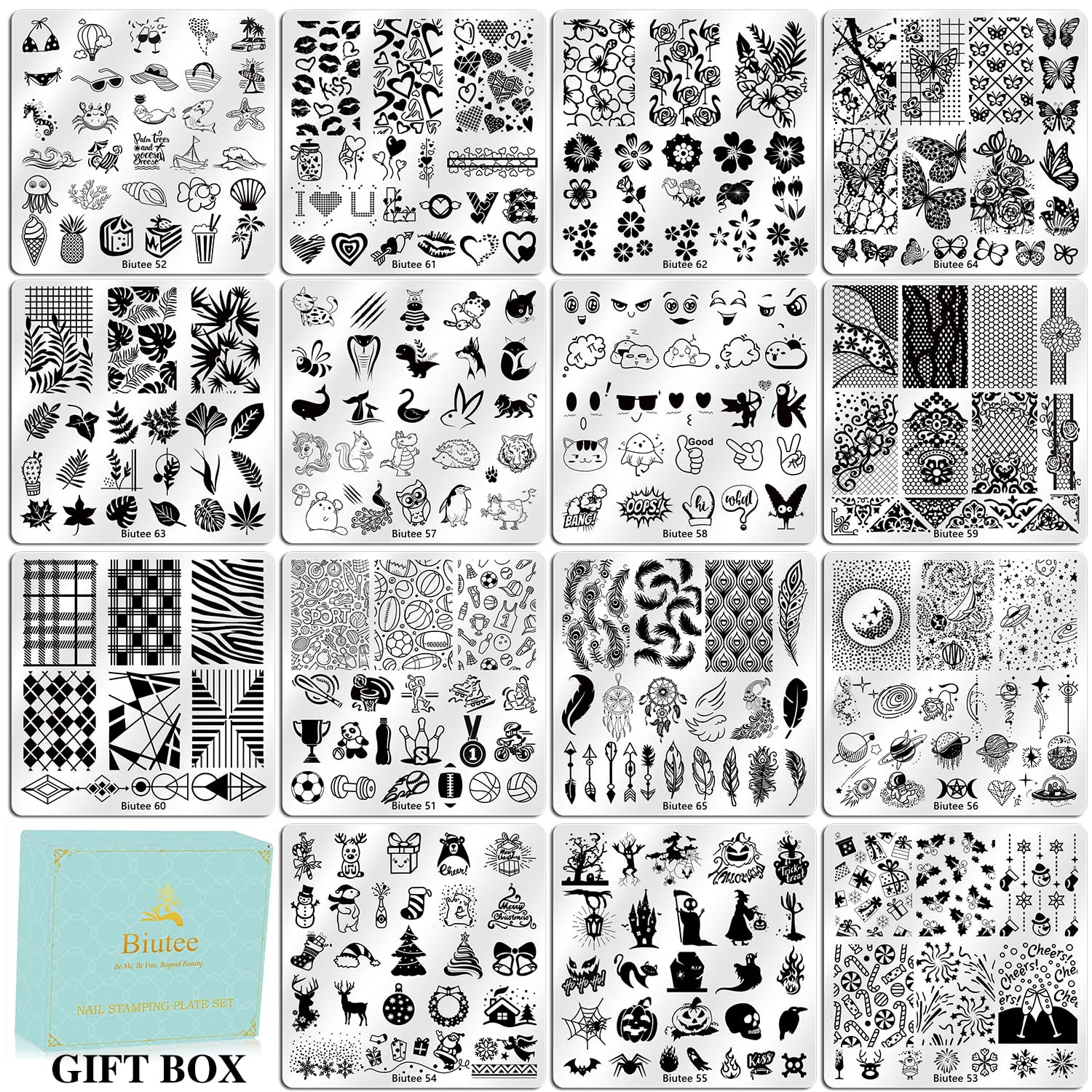 Biutee Nail Stamping Kit – 15PCS Plates, 8PCS Gel Polishes, Stamper & Scraper with Bag, Flower & Holiday Nail Art Designs