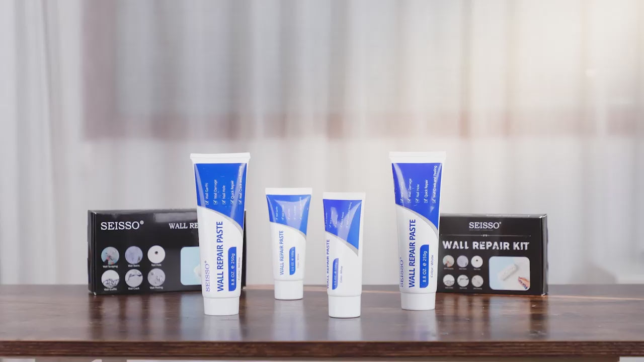 Load video: SEISSO Drywall Repair Kit – 2×250g White Wall Putty with Repair Tape &amp; Patches