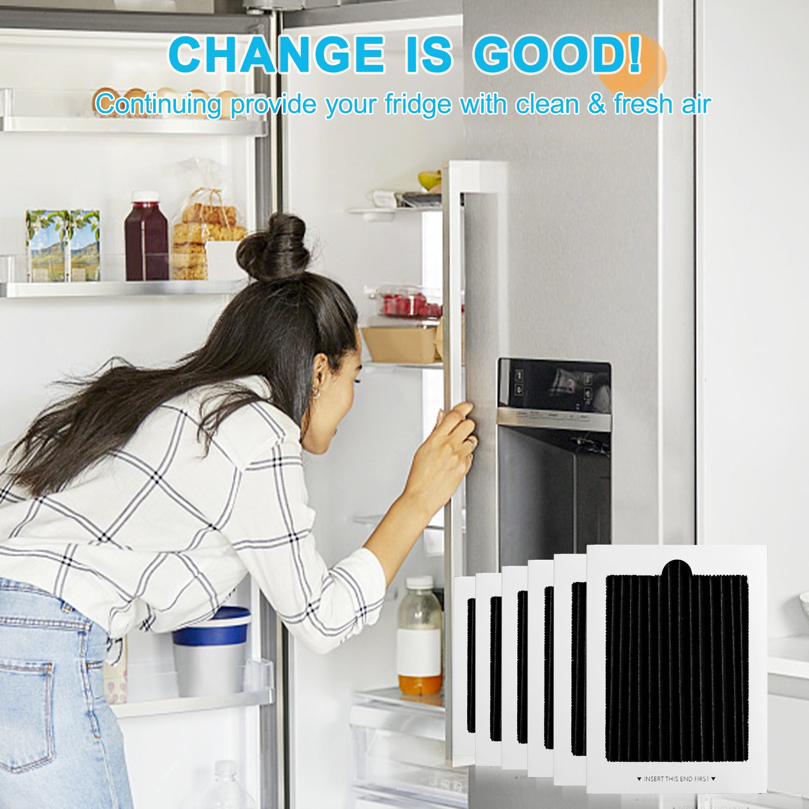 Woman opening a refrigerator with Seisso fridge air filter in front smell the clean&fresh air.